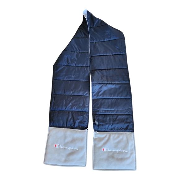Champion Reversible Puffer Scarf with Pockets One Size - Navy Gray White Winter - Picture 3 of 9